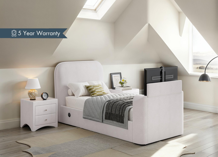 Arla Ottoman Single Storage TV Bed with USB Charging in Luxury Natural Cream Fabric.