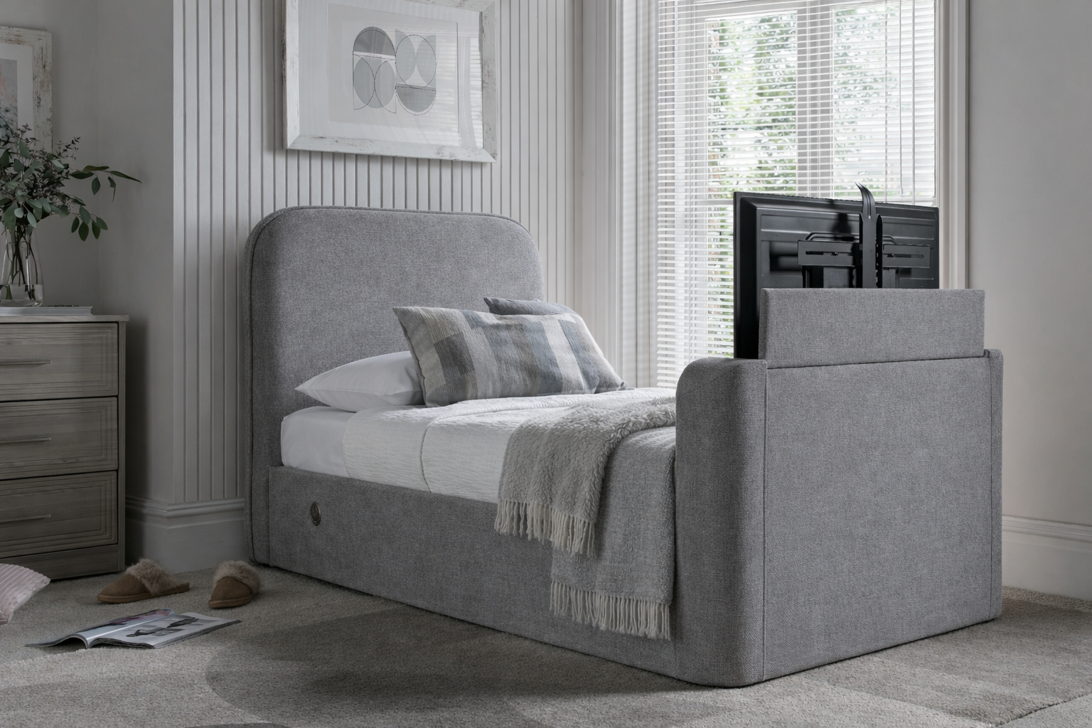 Arla Ottoman Single Storage TV Bed in Luxury Grey
