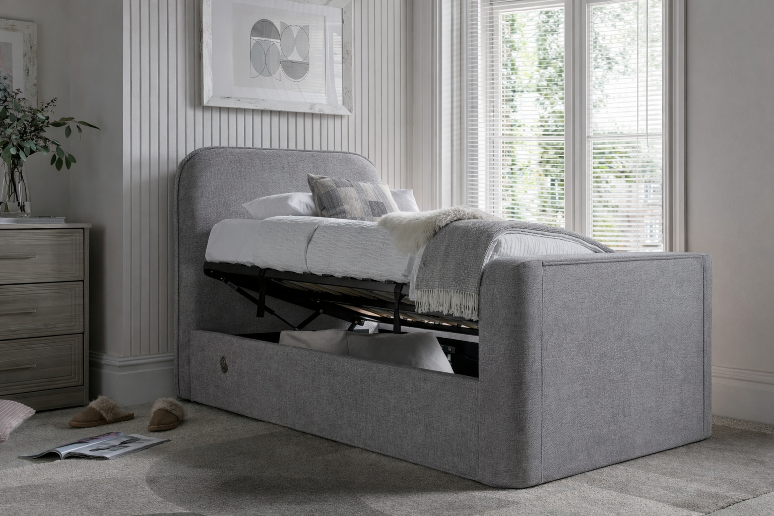 Arla Ottoman Single Storage TV Bed in Luxury Grey