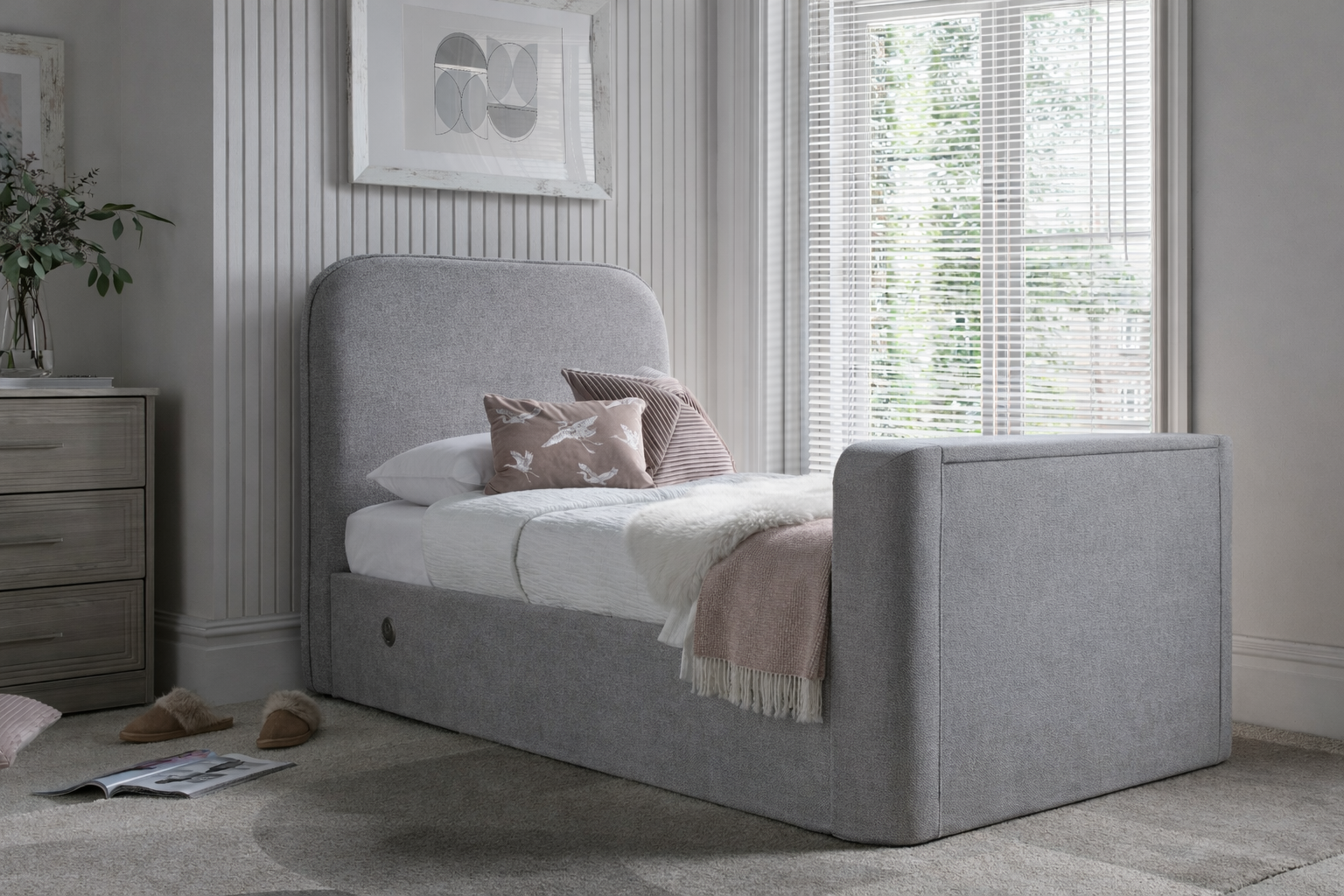 Arla Ottoman Single Storage TV Bed in Luxury Grey
