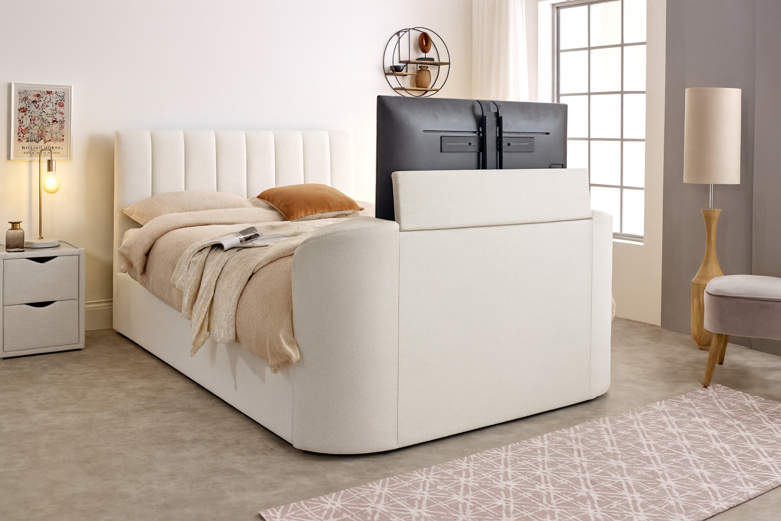 Capella TV Bed in Light Stone Fabric (non ottoman)