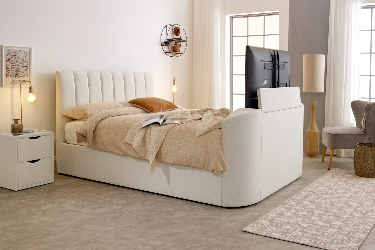 Capella TV Bed in Light Stone Fabric (non ottoman)