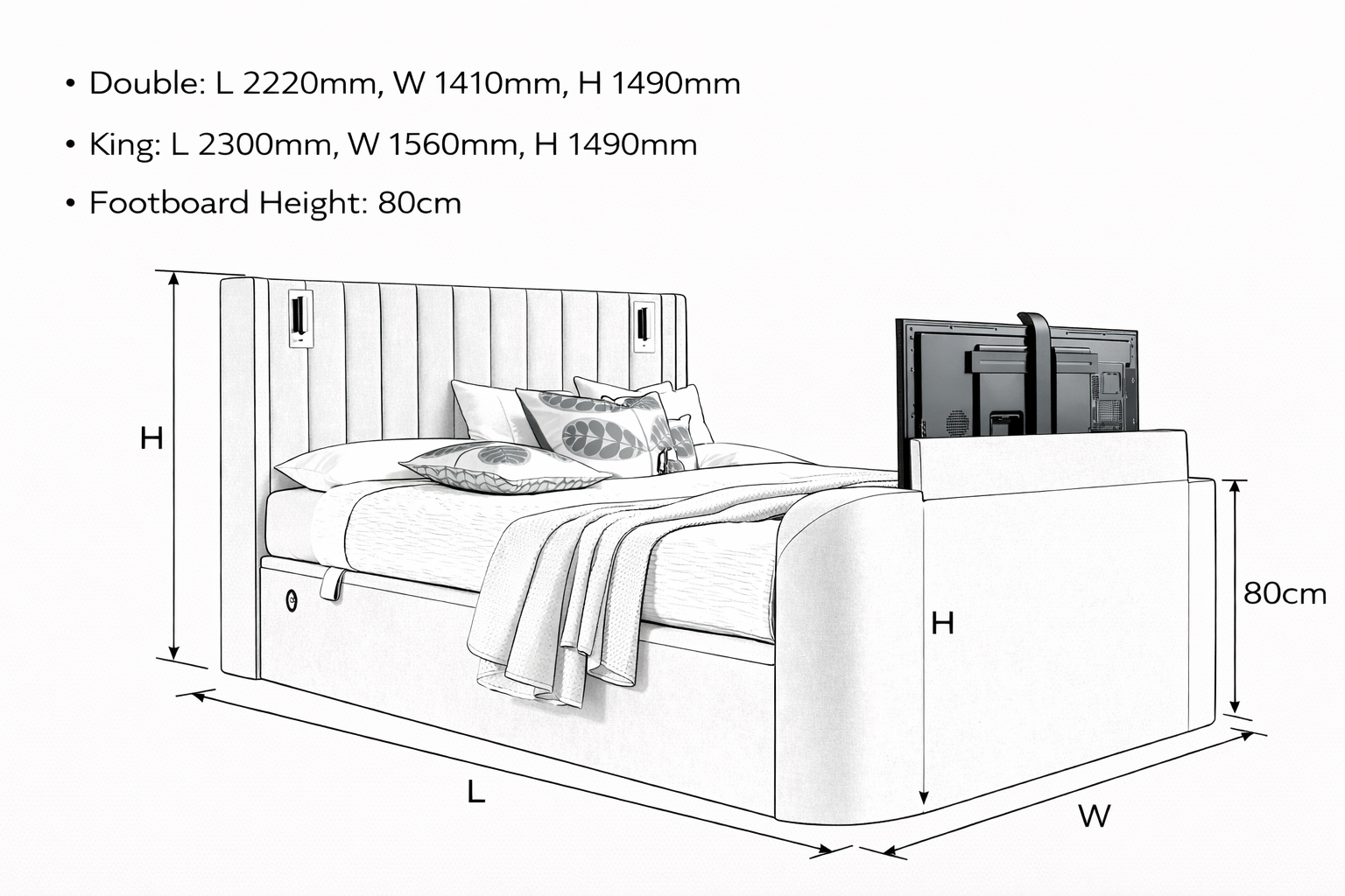 Luna Ottoman TV Bed with Adjustable Mood Lights in Plush Cream
