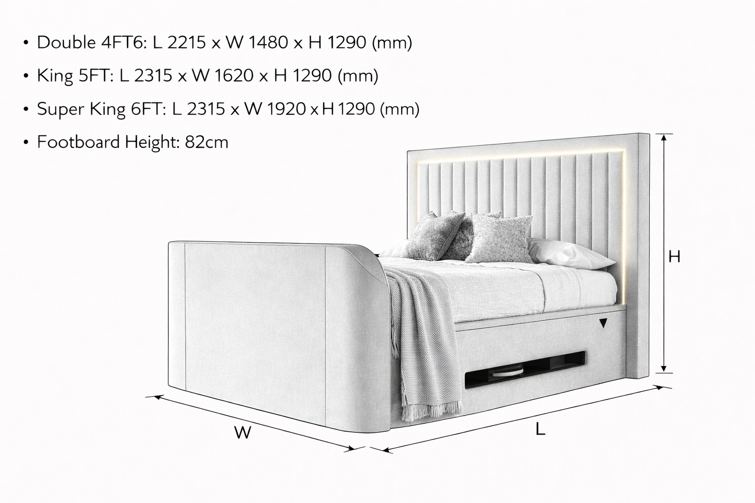 Lumas Ottoman TV Bed with Surround LED in Plush Grey