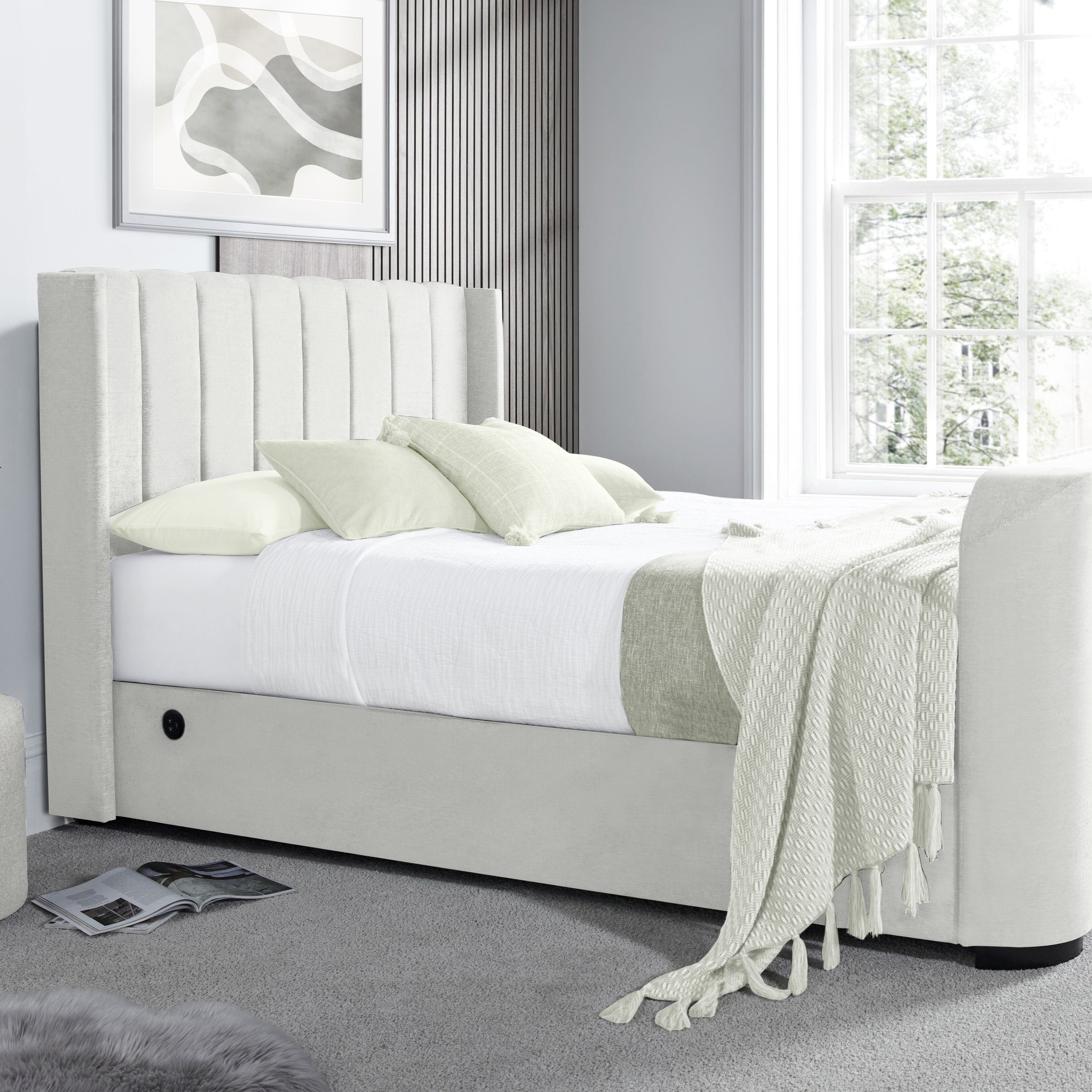 Atom II TV Bed in Natural Cream with USB Charging (non ottoman)