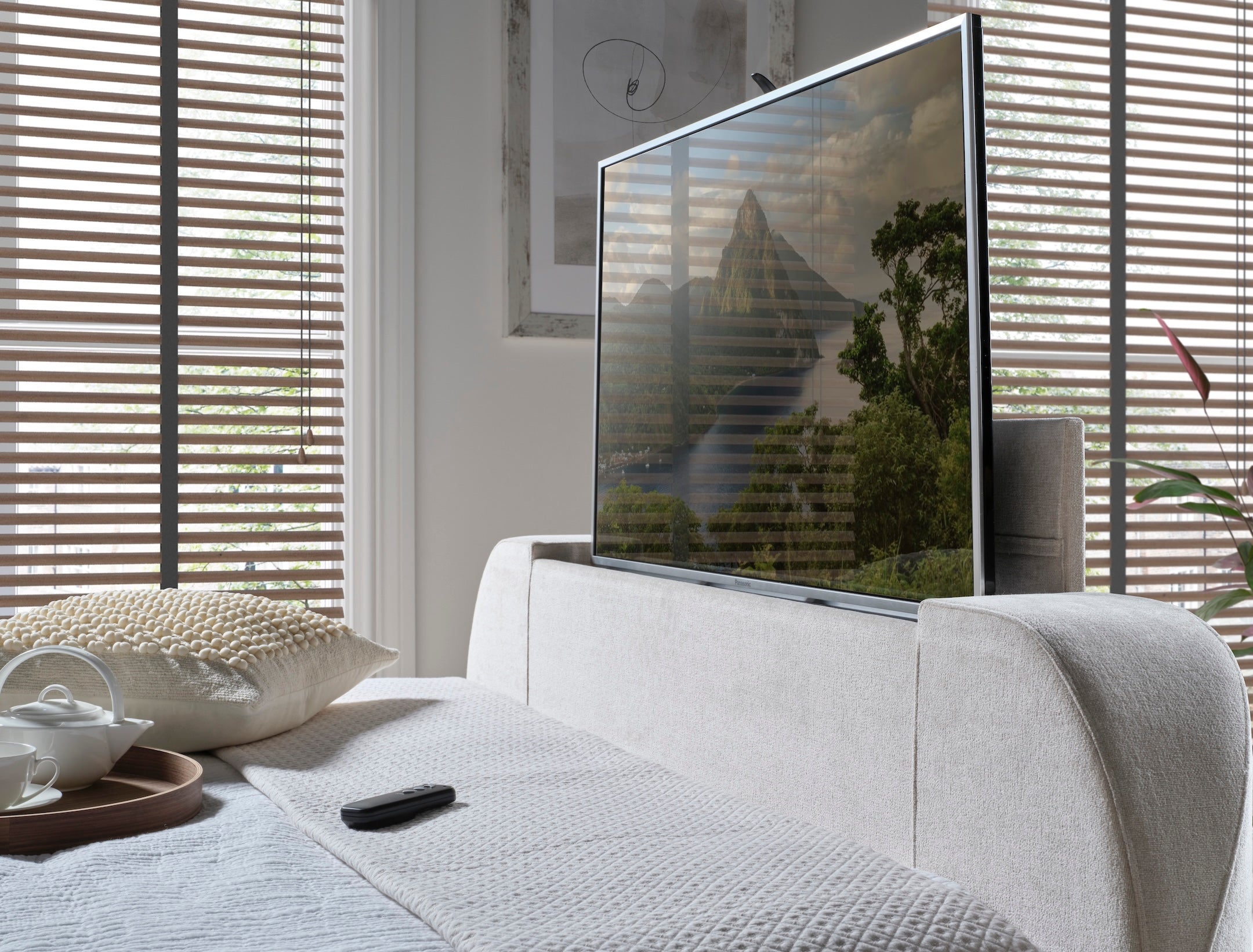 Lumas Ottoman TV Bed with Surround LED in Plush Cream