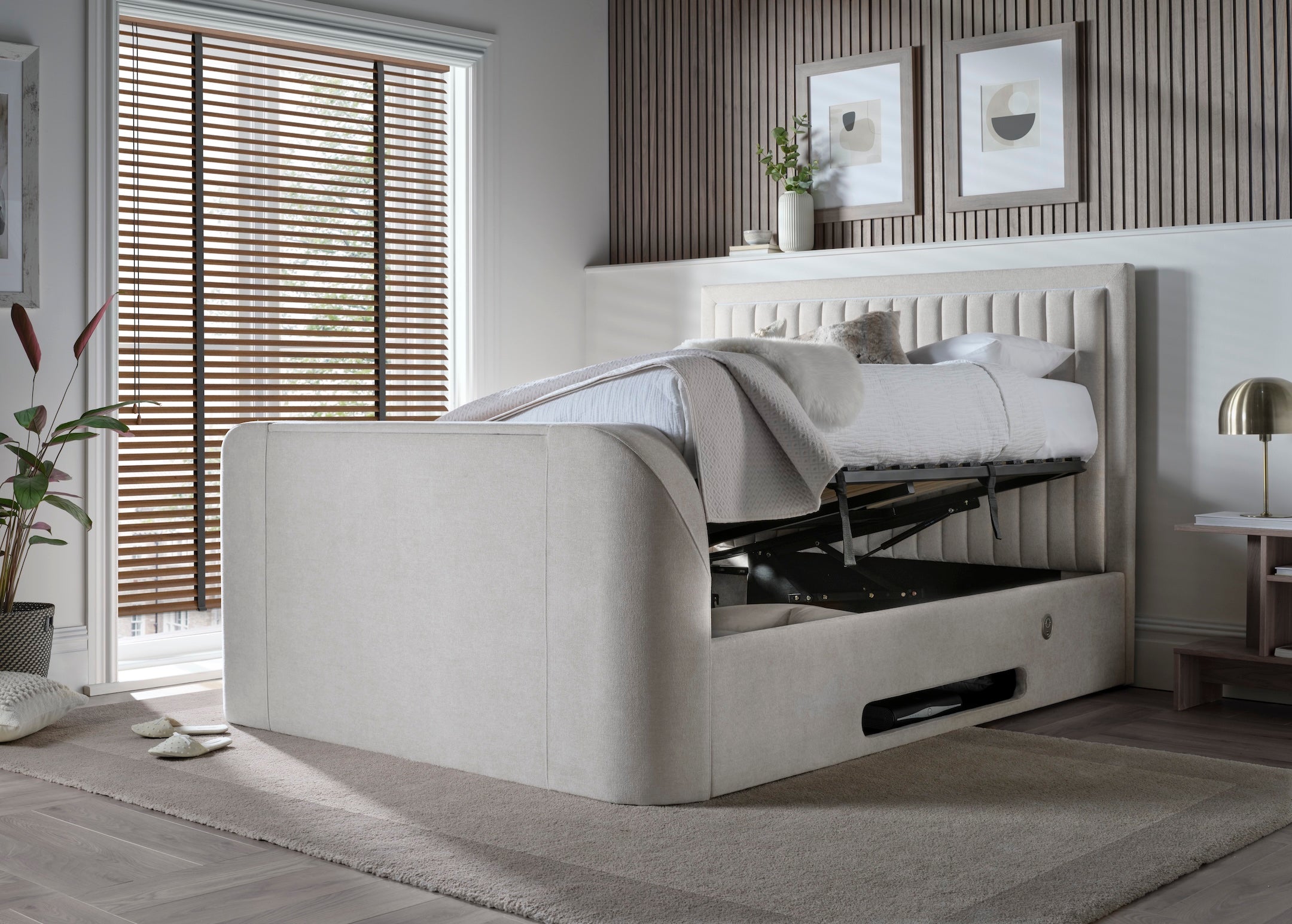 Lumas Ottoman TV Bed with Surround LED in Plush Cream