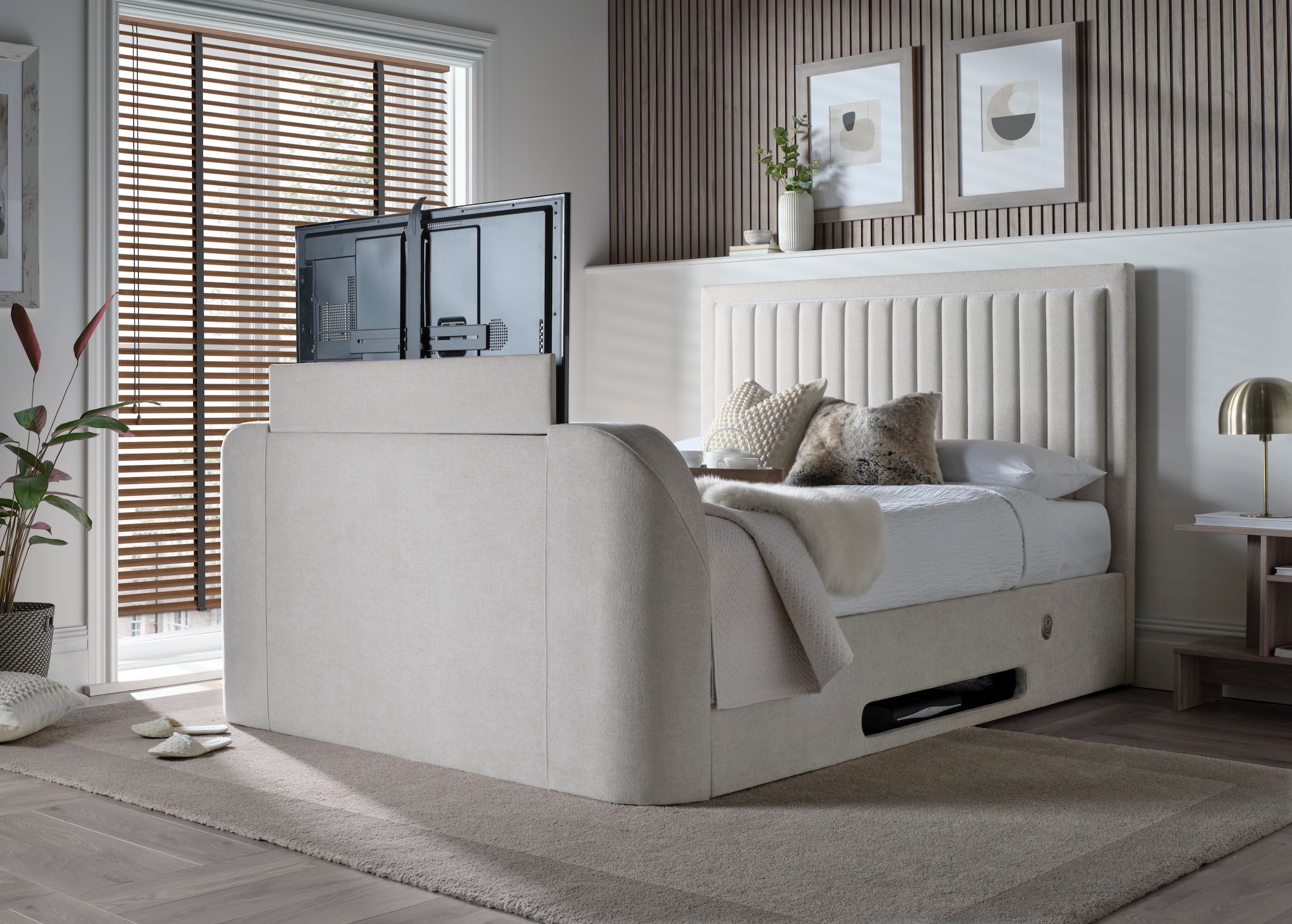 Lumas Ottoman TV Bed with Surround LED in Luxury Cream