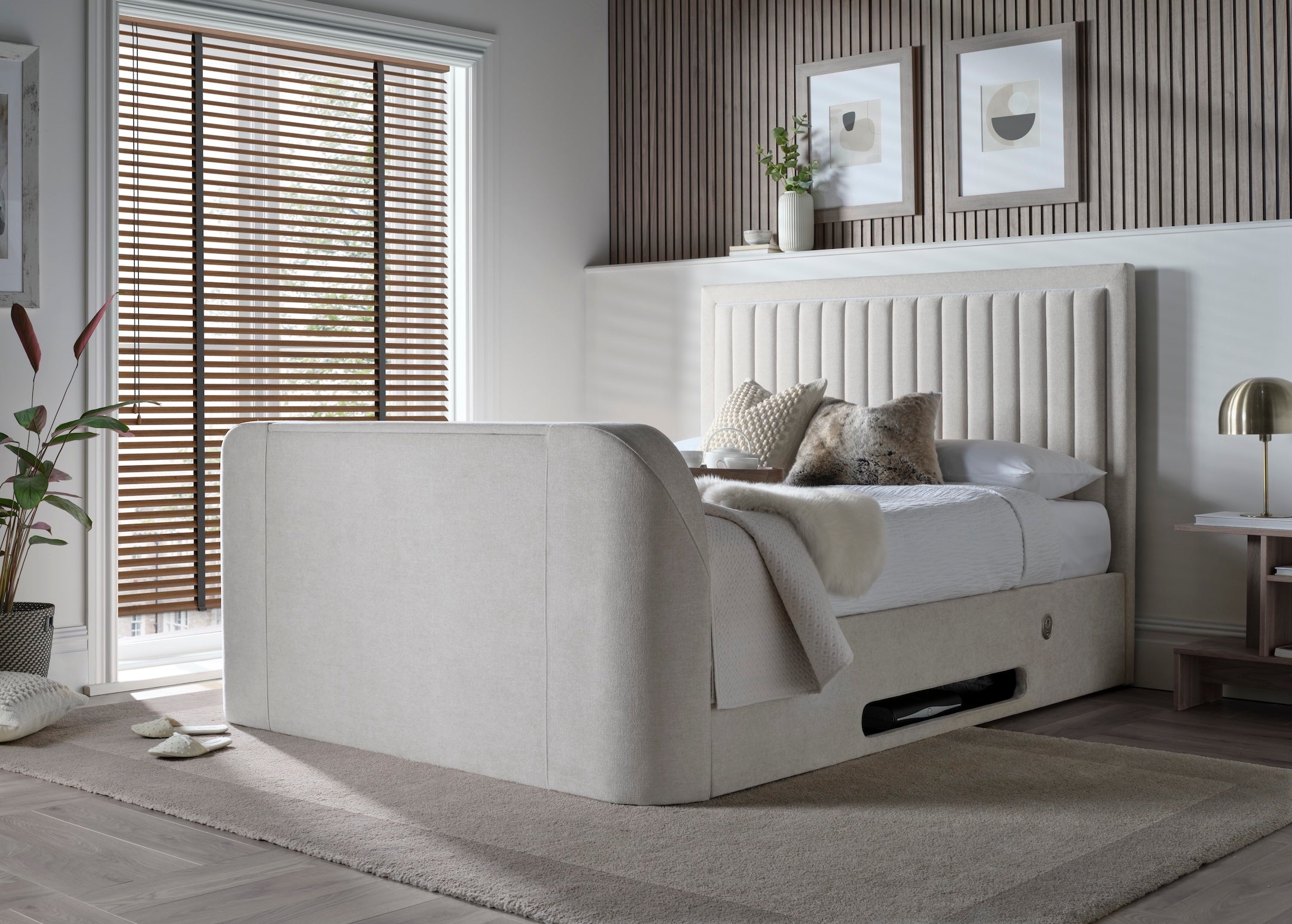 Lumas Ottoman TV Bed with Surround LED in Plush Cream