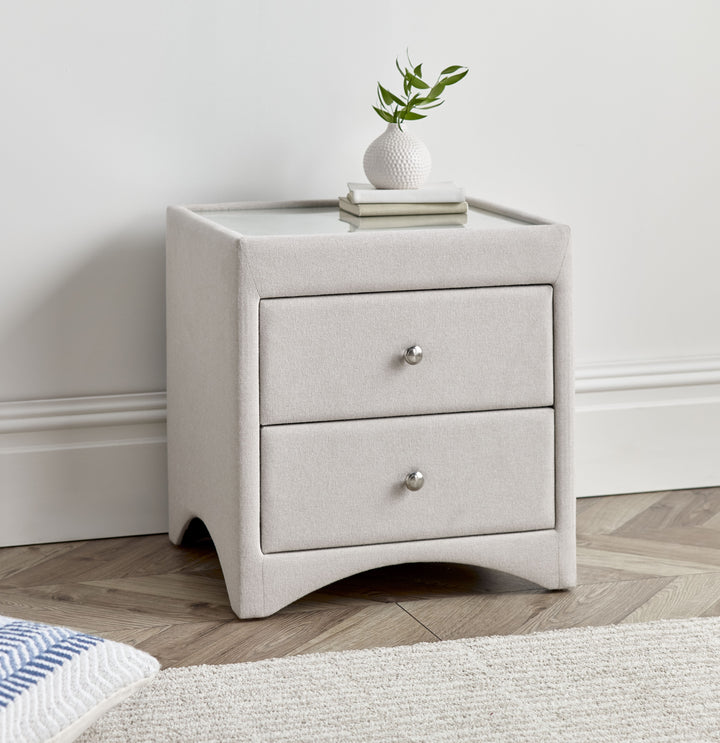 2 Drawer Side Unit With Glass Top In Natural Cream Fabric