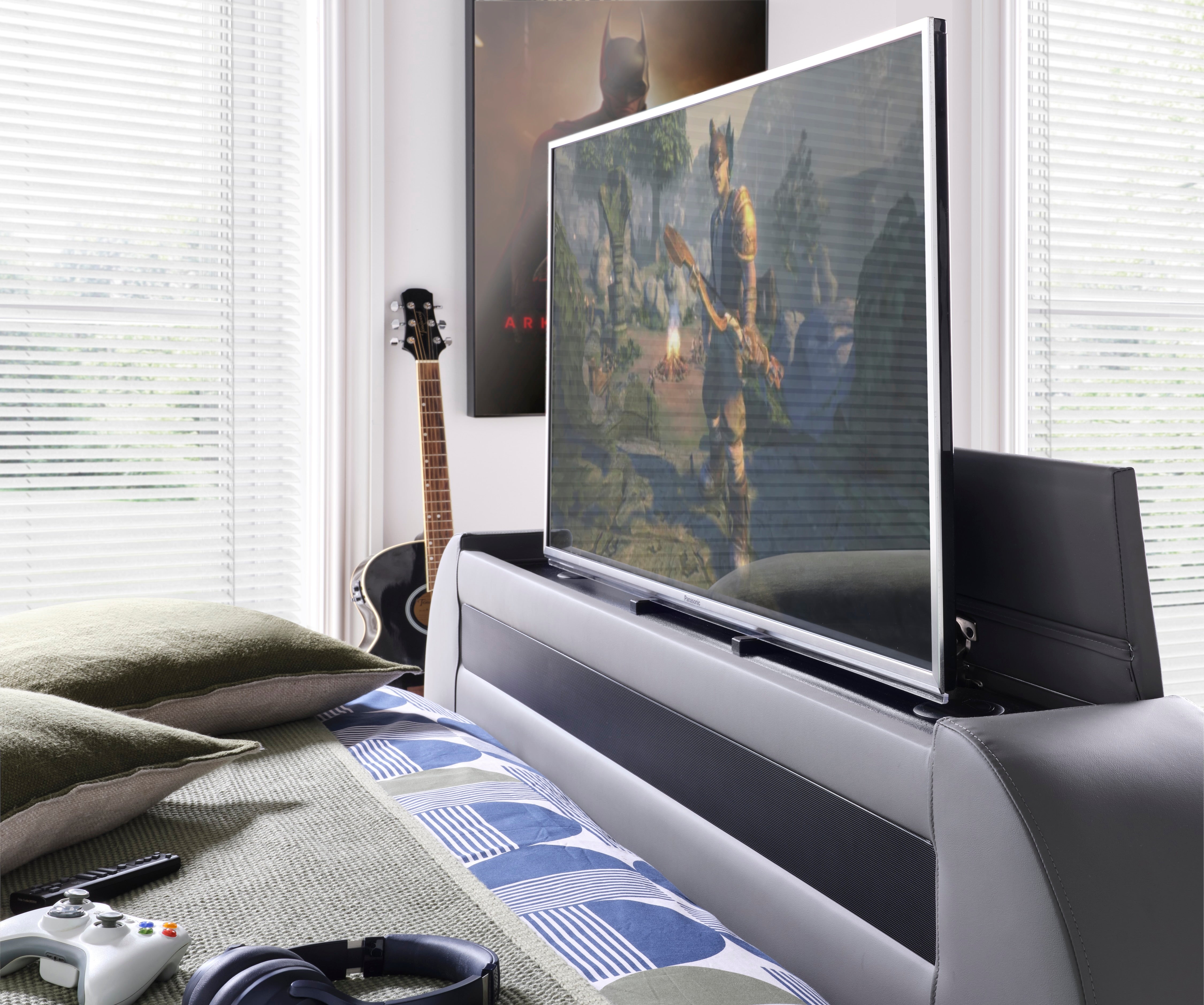 Merlin Gaming TV Bed - two tone Grey PU - 5.1 Surround - Ottoman Storage