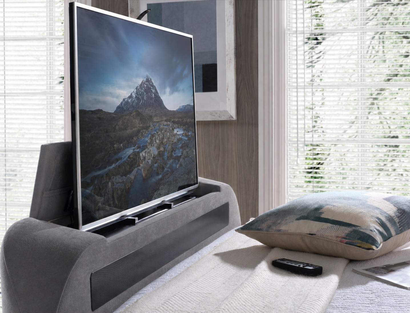 EX Display Hampton TrueSound® 5.1 Grey Velvet Ottoman TV Bed King