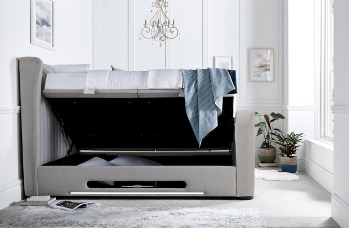 Vogue True Sound 5.1 Dusk Fabric Ottoman TV Bed with USB-C Charging, Headphone Jack & LED Floor Lighting