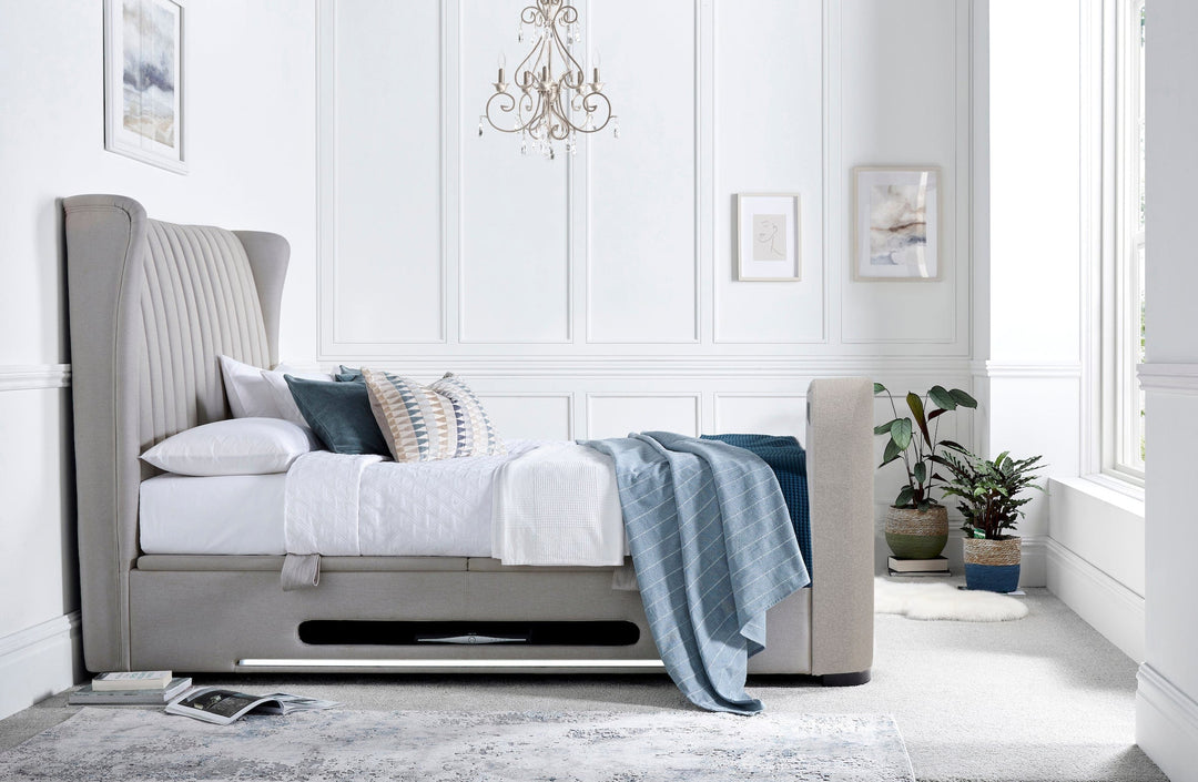 Vogue True Sound 5.1 Dusk Fabric Ottoman TV Bed with USB-C Charging, Headphone Jack & LED Floor Lighting