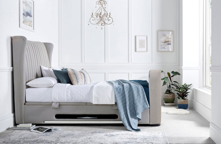Vogue True Sound 5.1 Dusk Fabric Ottoman TV Bed with USB-C Charging, Headphone Jack & LED Floor Lighting