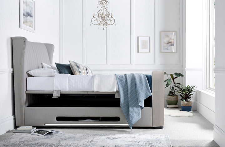 Vogue True Sound 5.1 Dusk Fabric Ottoman TV Bed with USB-C Charging, Headphone Jack & LED Floor Lighting