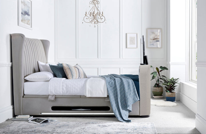 Vogue True Sound 5.1 Dusk Fabric Ottoman TV Bed with USB-C Charging, Headphone Jack & LED Floor Lighting