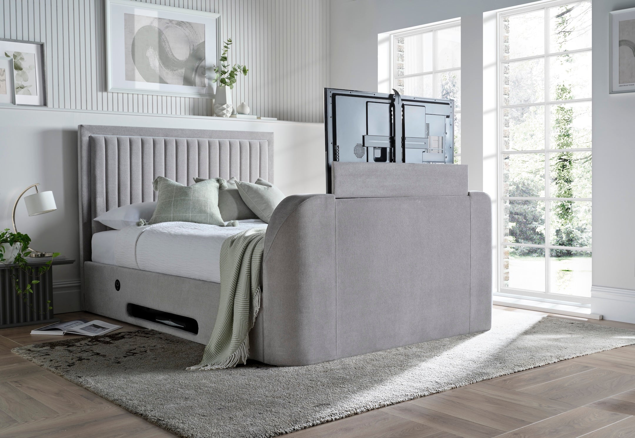 Lumas Ottoman TV Bed with Surround LED in Luxury Grey