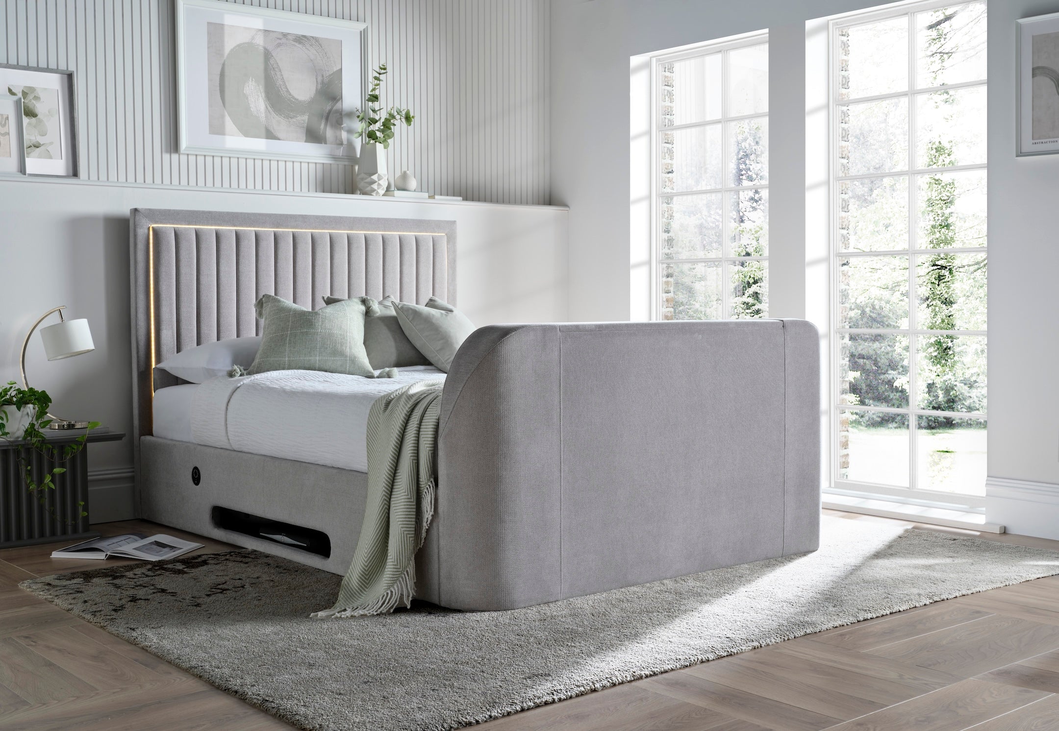 Lumas Ottoman TV Bed with Surround LED in Luxury Grey