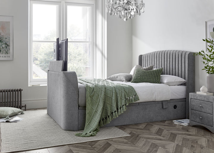 Essence Ottoman Storage TV Bed with USB Charging in Grey Fabric.