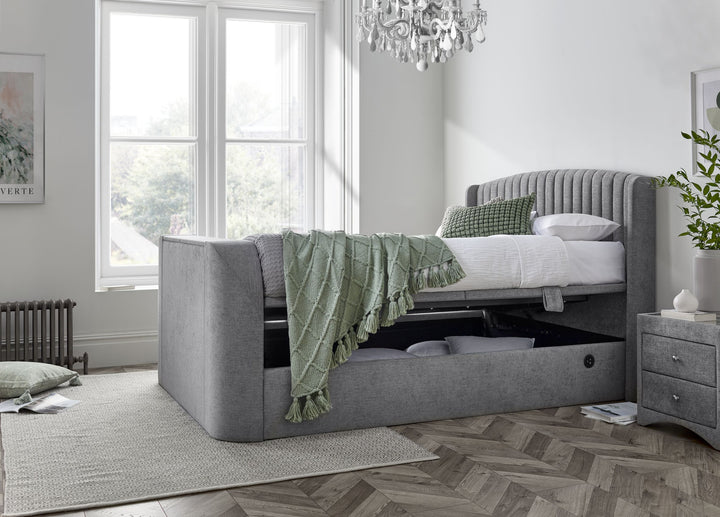 Essence Ottoman Storage TV Bed with USB Charging in Grey Fabric.