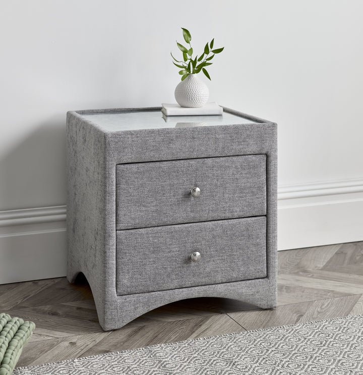 2 Drawer Side Unit With Glass Top In Grey Fabric