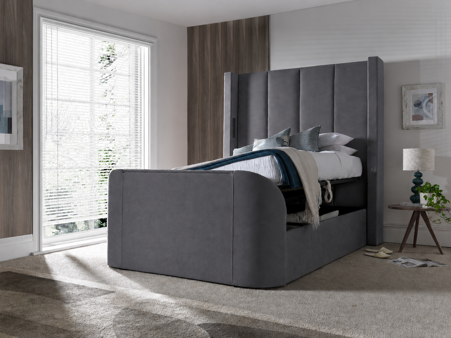 EX Display Hampton TrueSound® 5.1 Grey Velvet Ottoman TV Bed King