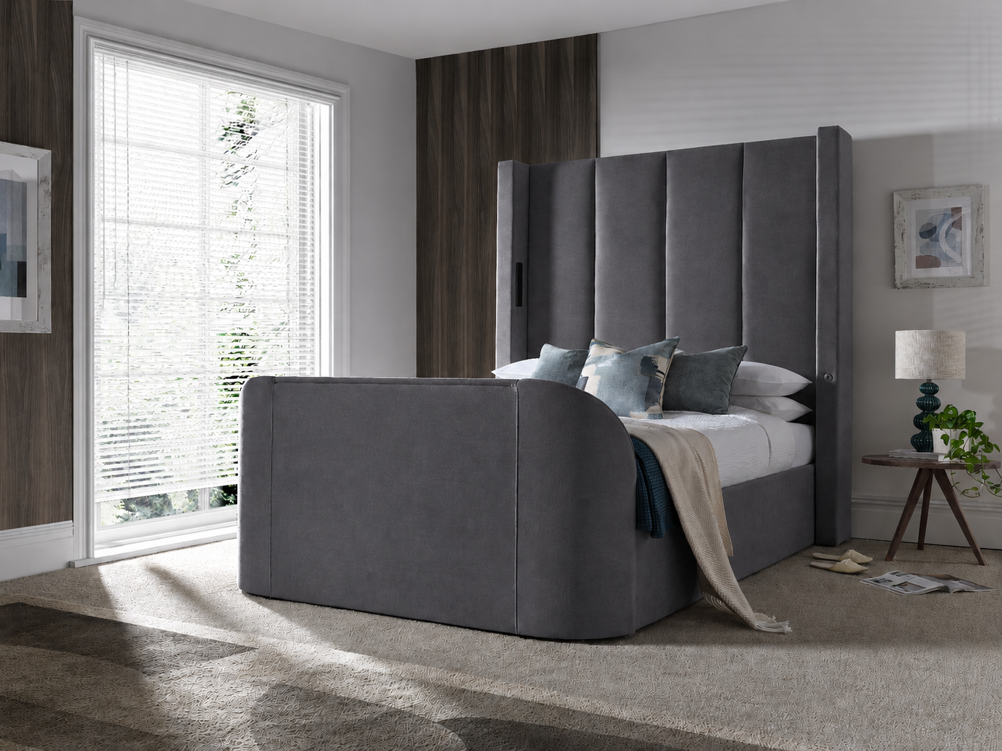 EX Display Hampton TrueSound® 5.1 Grey Velvet Ottoman TV Bed King