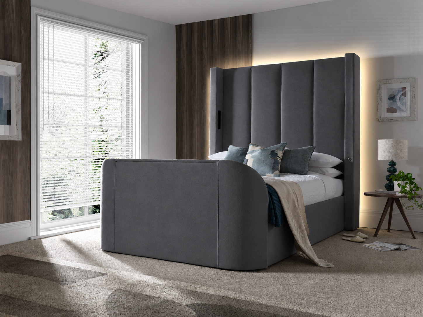 EX Display Hampton TrueSound® 5.1 Grey Velvet Ottoman TV Bed King