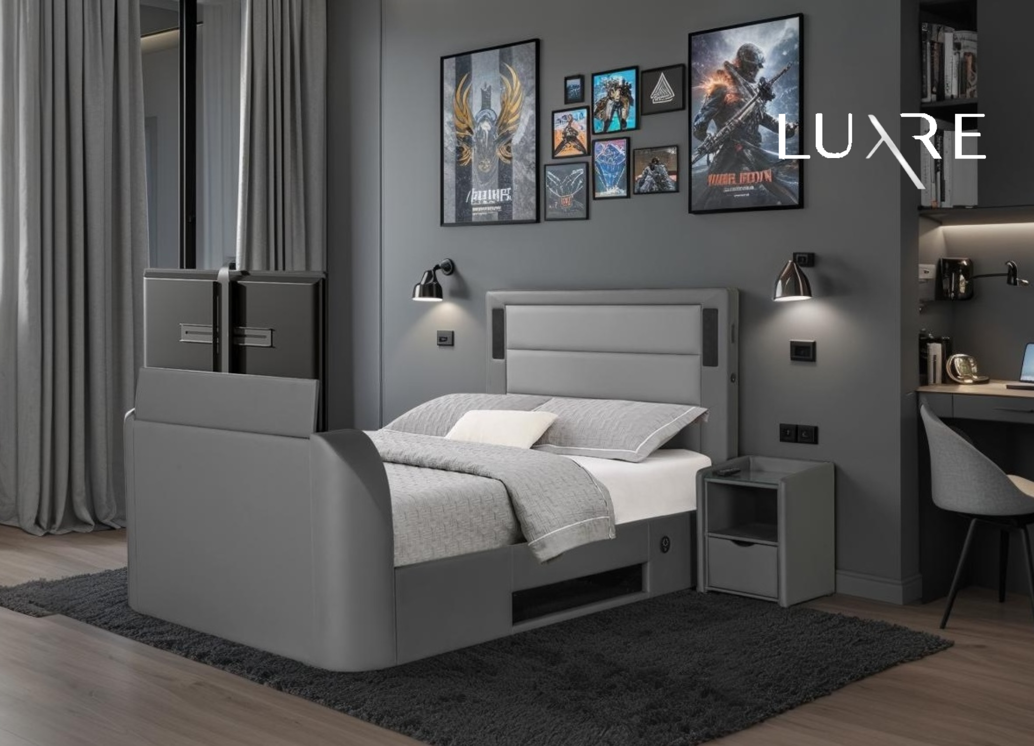 Merlin Gaming TV Bed - two tone Grey PU - 5.1 Surround - Ottoman Storage - Inc. Merlin Side Units
