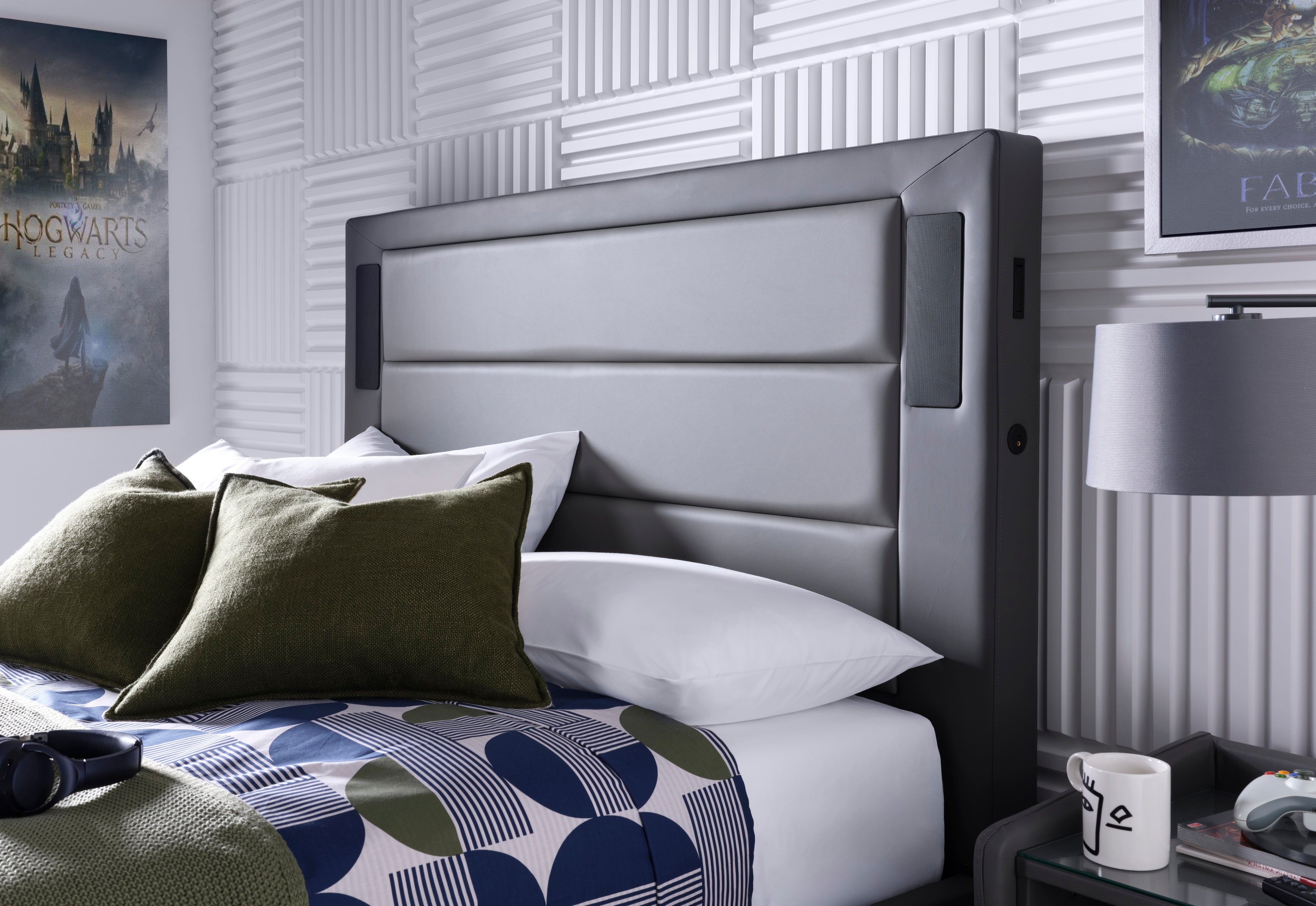 Merlin Gaming TV Bed - two tone Grey PU - 5.1 Surround - Ottoman Storage