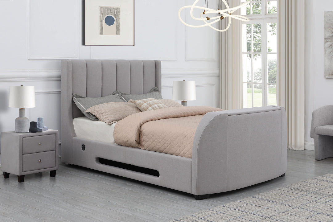 Solace Ottoman TV Bed  in Boucle Mellow Grey with USB Charging with 20% OFF!