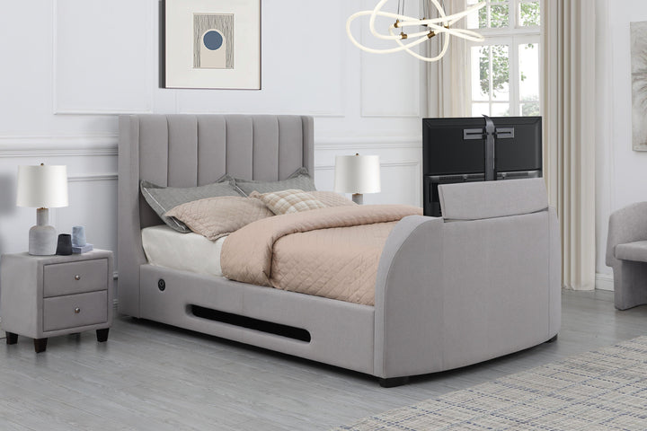 Solace Ottoman TV Bed  in Boucle Mellow Grey with USB Charging with 20% OFF!