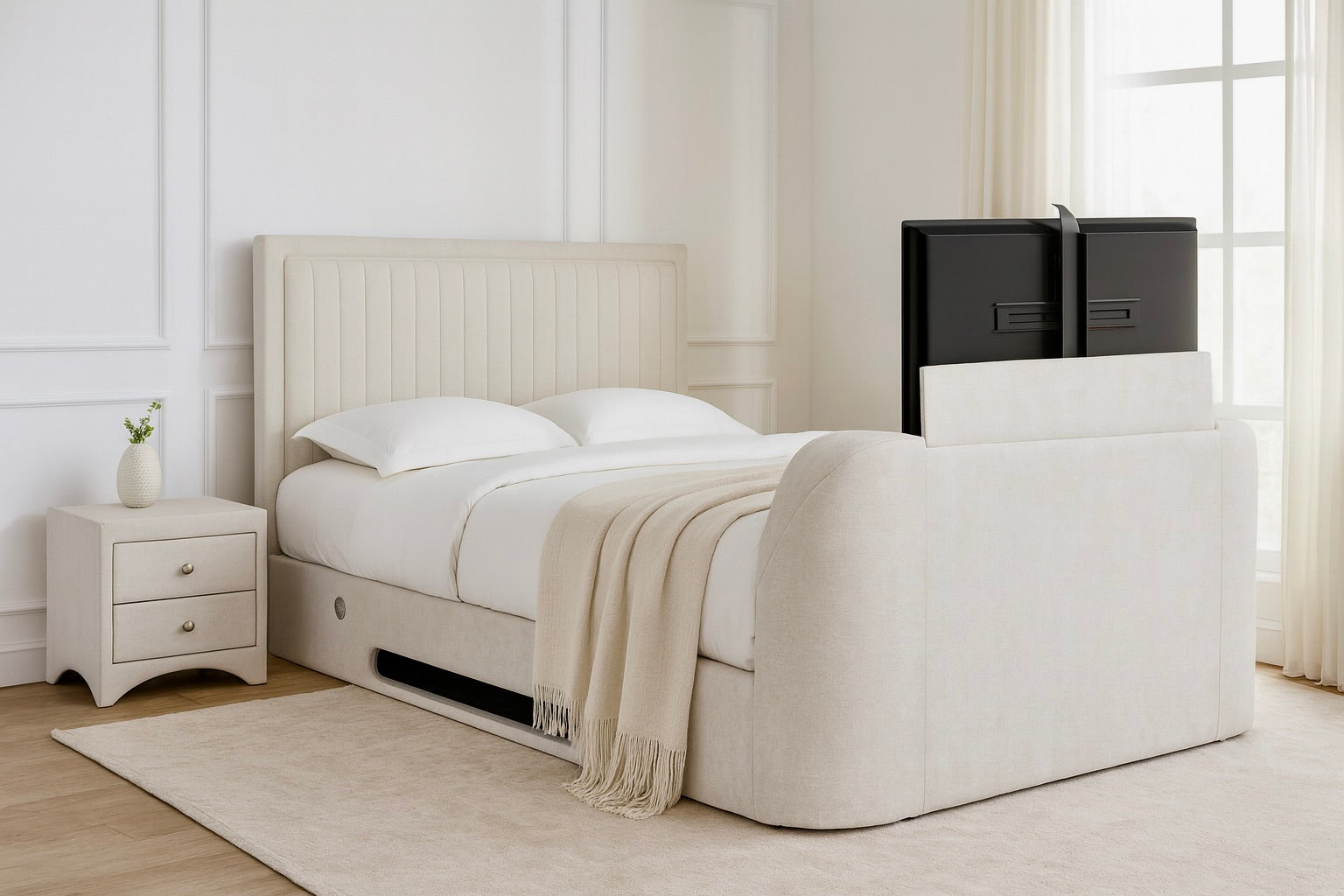 Lumas Ottoman TV Bed with Surround LED in Luxury Cream