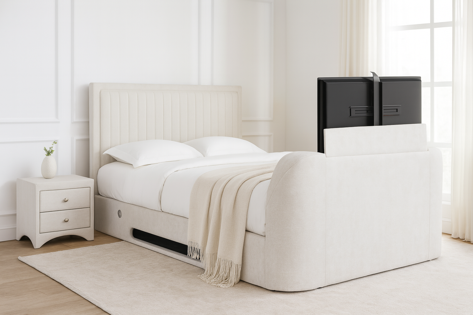 Lumas Ottoman TV Bed with Surround LED in Luxury Cream