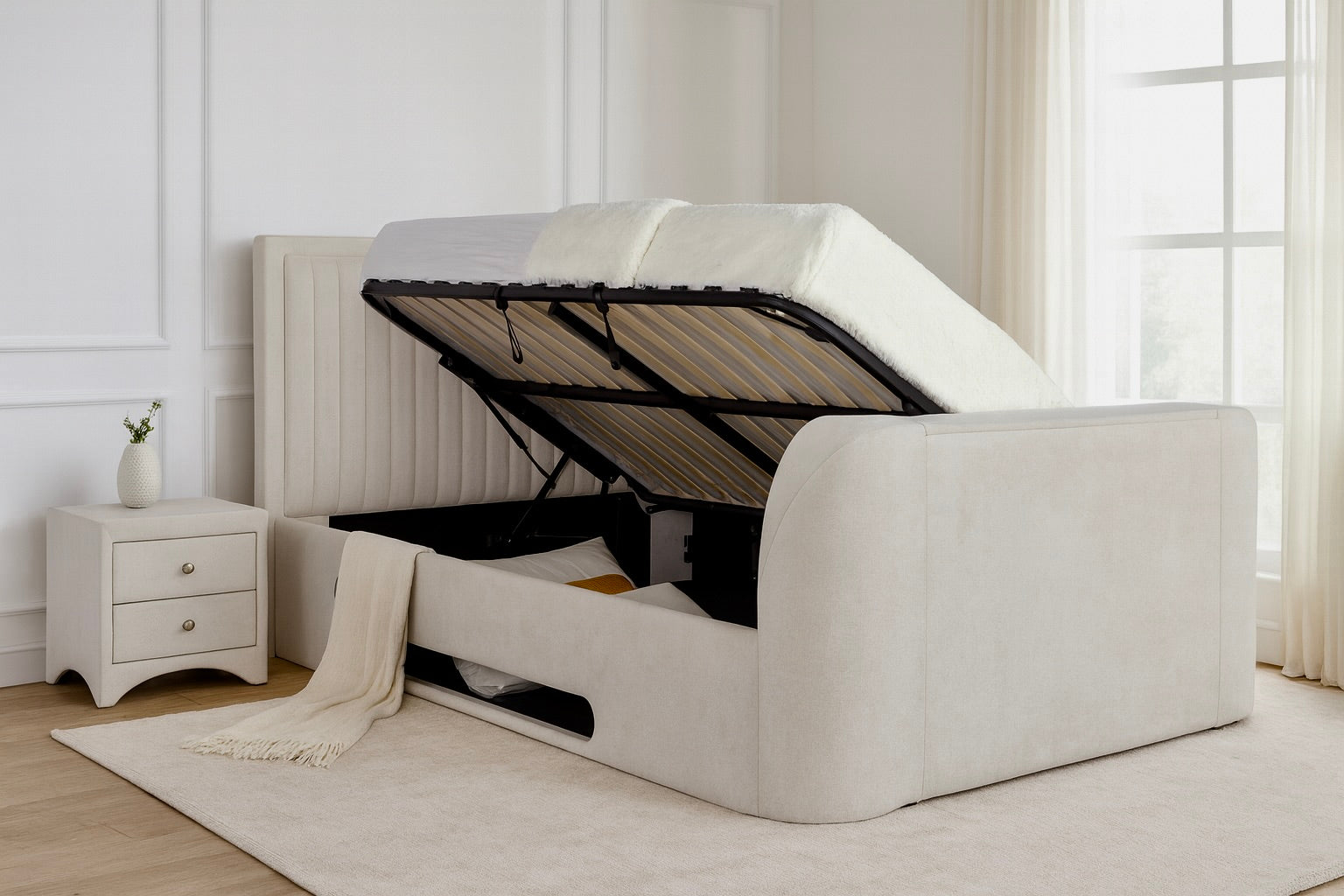 Lumas Ottoman TV Bed with Surround LED in Luxury Cream