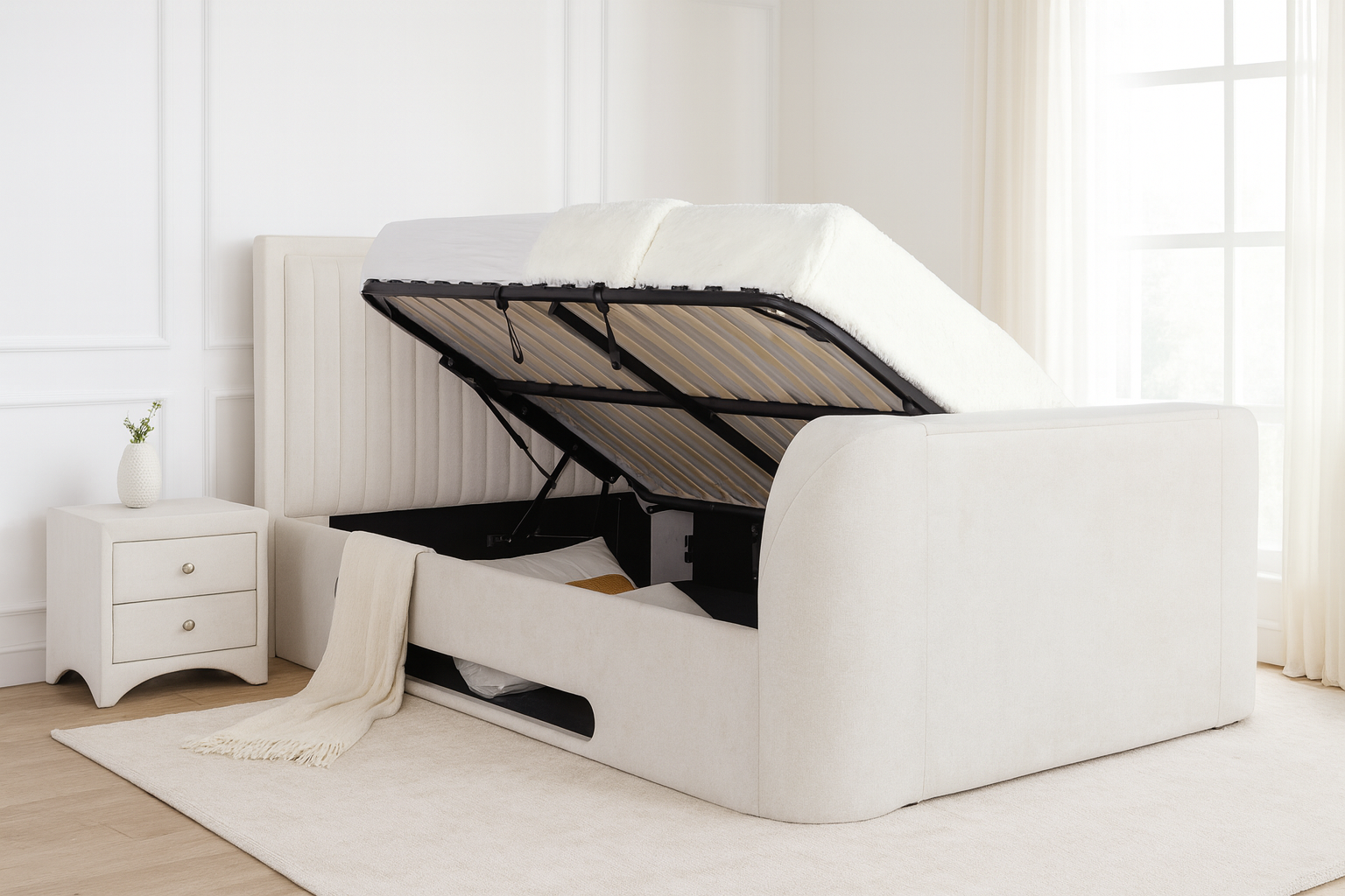 Lumas Ottoman TV Bed with Surround LED in Plush Cream