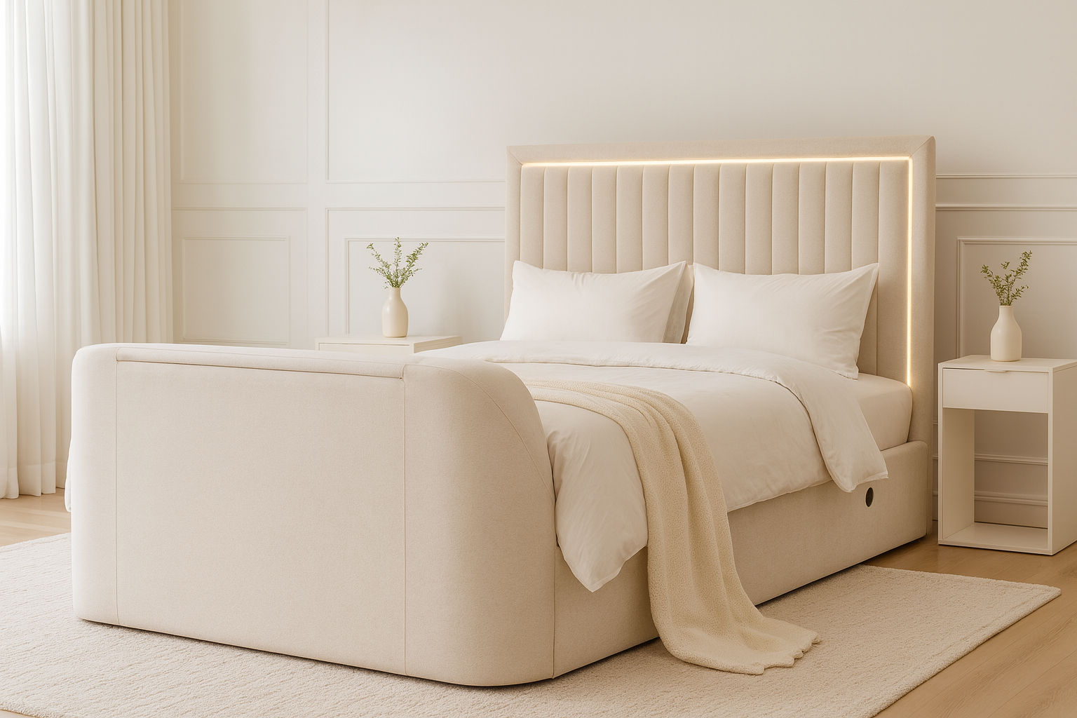 Lumas Ottoman TV Bed with Surround LED in Plush Cream
