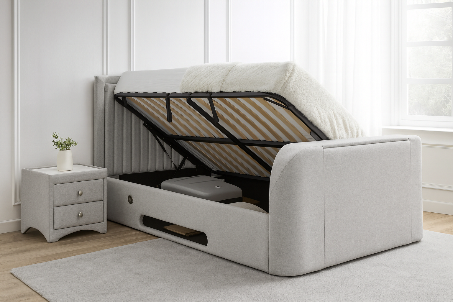Lumas Ottoman TV Bed with Surround LED in Luxury Grey