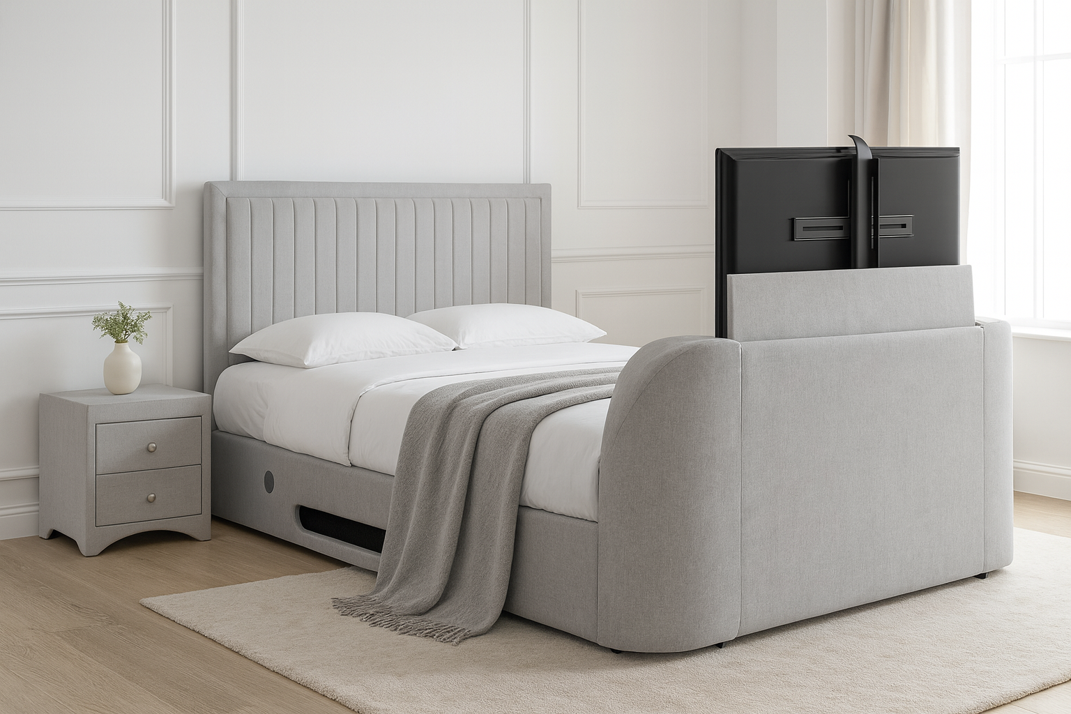 Lumas Ottoman TV Bed with Surround LED in Luxury Grey
