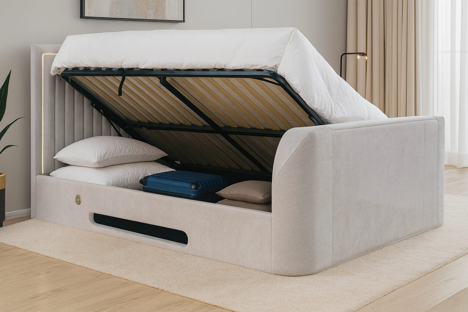 Lumas Ottoman TV Bed with Surround LED in Plush Cream