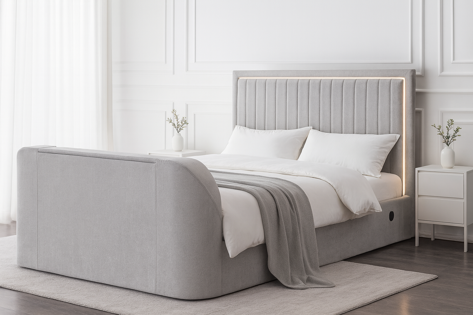 Lumas Ottoman TV Bed with Surround LED in Luxury Grey