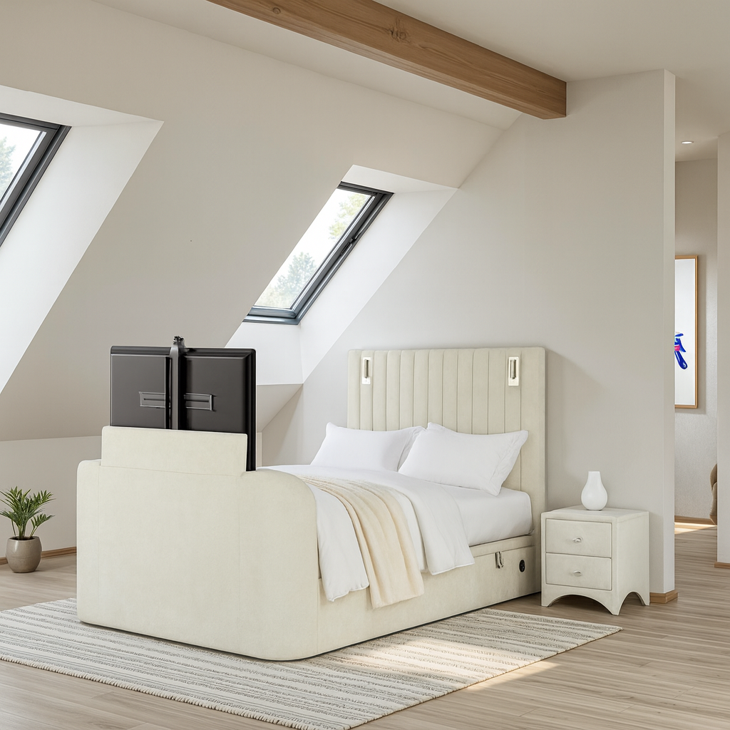 Luna Ottoman TV Bed with Adjustable Mood Lights in Plush Cream