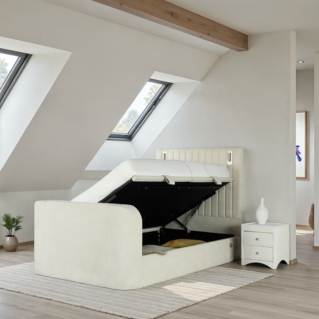 Luna Ottoman TV Bed with Adjustable Mood Lights in Plush Cream