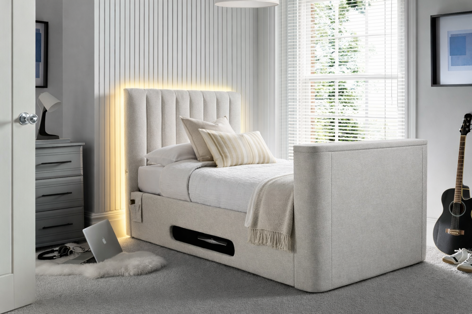 Lynx Single Ottoman TV Bed In Pebble Stone