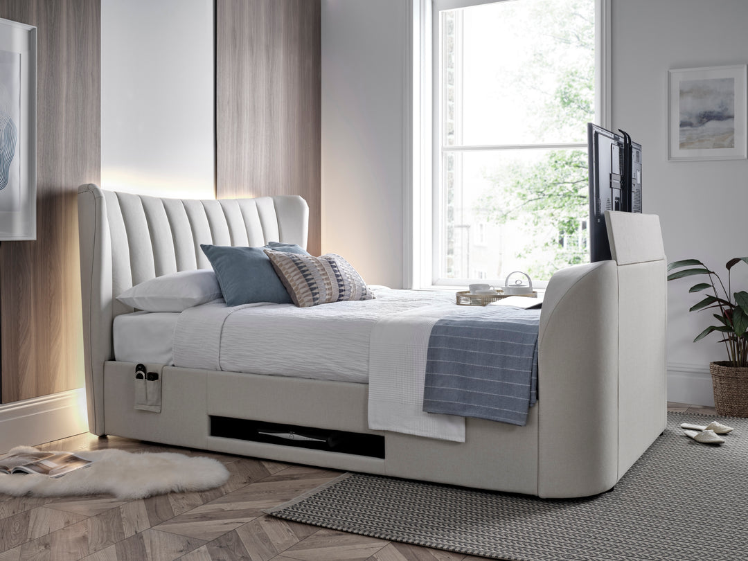 Lyra Ottoman TV Bed in Light Stone Fabric with 30% OFF