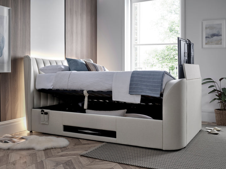 Lyra Ottoman TV Bed in Light Stone Fabric with 30% OFF