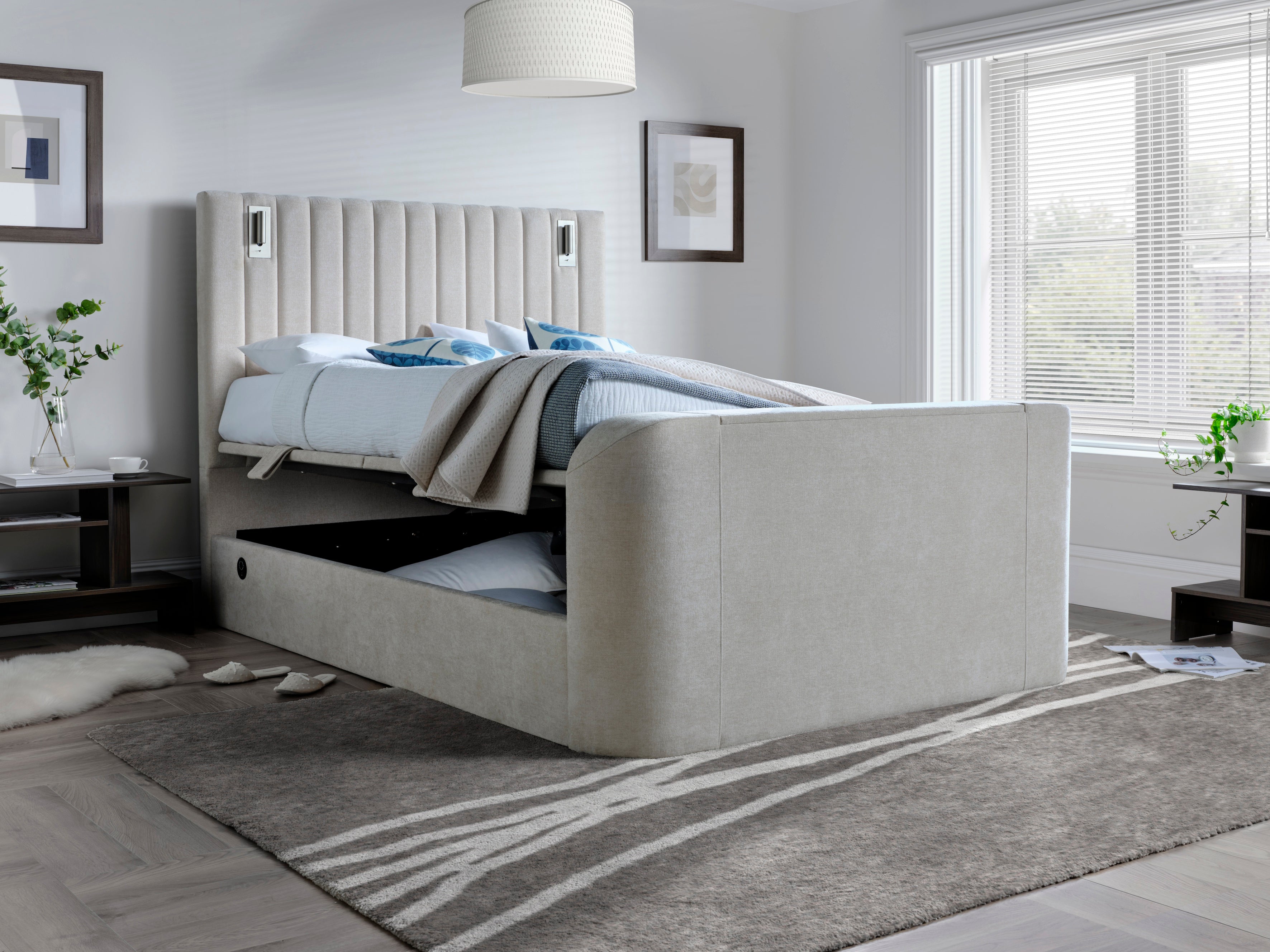 Luna Ottoman TV Bed with Adjustable Mood Lights in Plush Cream