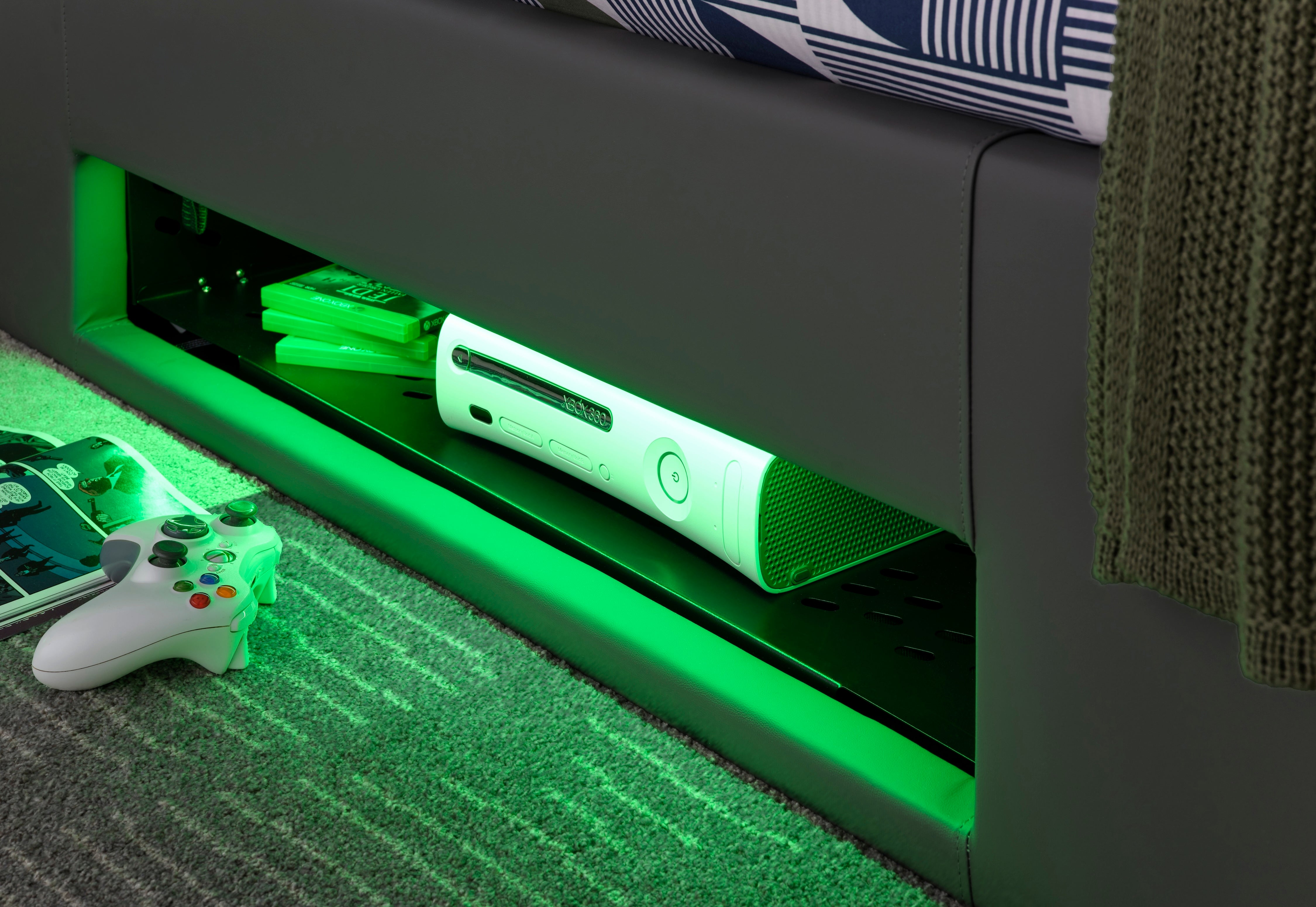 Merlin Gaming TV Bed - two tone Grey PU - 5.1 Surround - Ottoman Storage