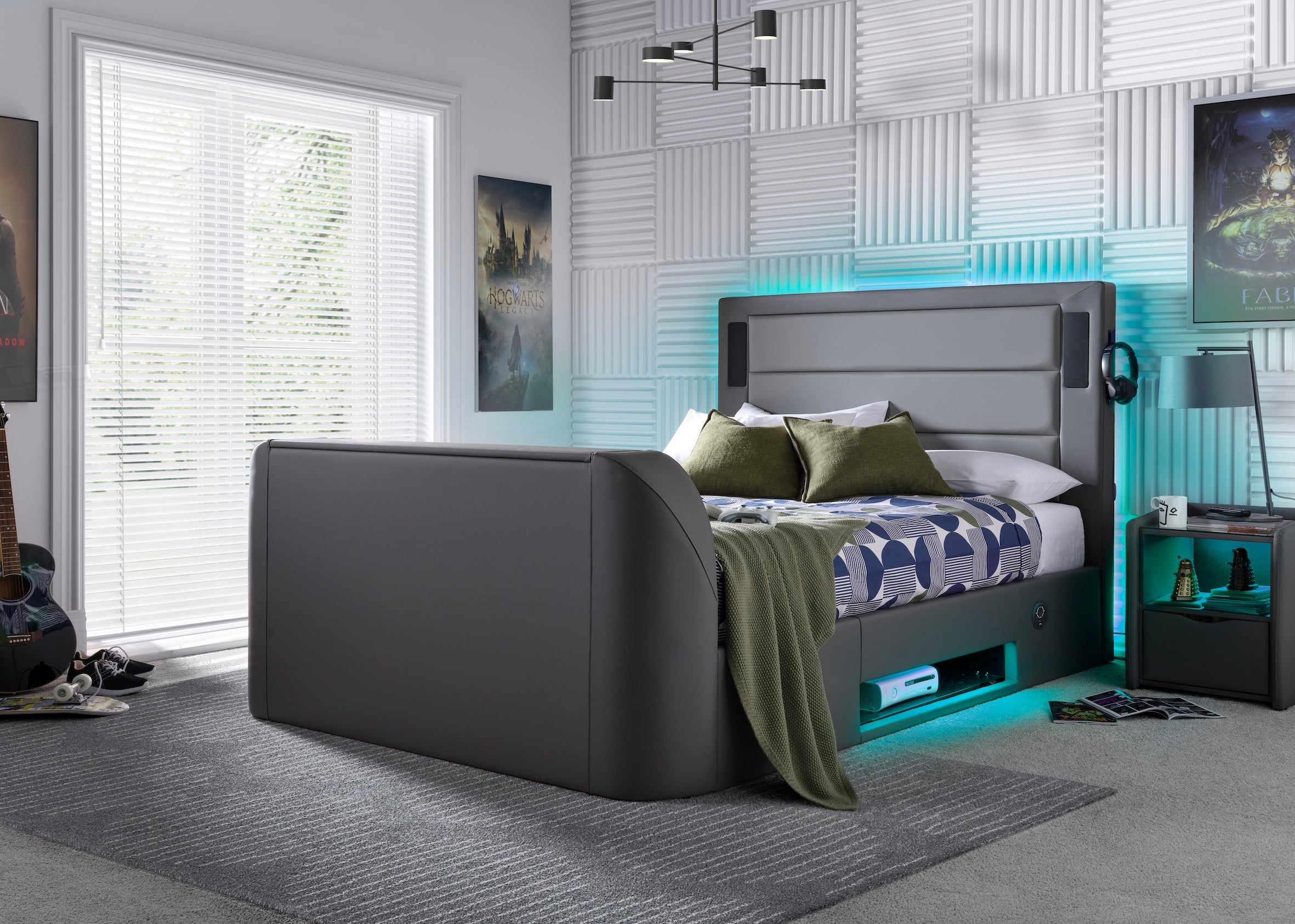 Merlin Gaming TV Bed - two tone Grey PU - 5.1 Surround - Ottoman Storage